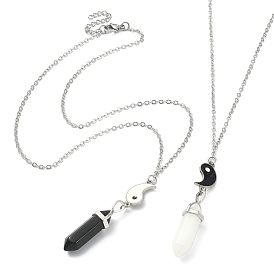 2Pcs 2 Style Natural Black Obsidian & White Jade Bullet Pendant Necklaces Set, Alloy Metch Couple Necklaces for Best Friends Lovers