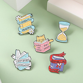 Adorable Cat Reading in Hourglass Cartoon Badge for Book Lovers