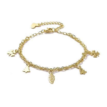 304 Stainless Steel Double Chains Multi-strand Bracelets, Leaf & Tree & Clover 201 Stainless Steel Charm Bracelet for Women