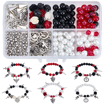 Наборы для изготовления готических браслетов своими руками, включают подвески из сплава в тибетском стиле, Стеклянные бусины, CCB пластиковые шарики, открытые кольца прыжок, плоская эластичная кристаллическая струна