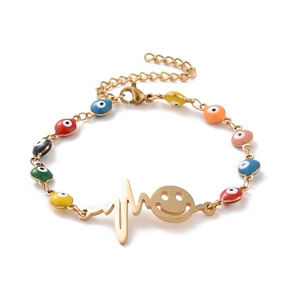 Вакуумное покрытие pvd 304 браслет из нержавеющей стали с изображением сердца и улыбающегося лица, красочный эмалевый браслет с цепями от сглаза для женщин