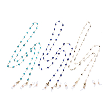 Chaînes de lunettes, tour de cou pour lunettes, avec des perles rondes turquoise synthétiques, chaînes de câble en laiton, 304 fermoirs à pince de homard en acier inoxydable et extrémités en caoutchouc, or