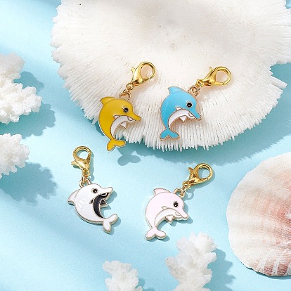 Dolphin Alloy Enamel Pendant Decorations, with Alloy Swivel Lobster Claw Clasps