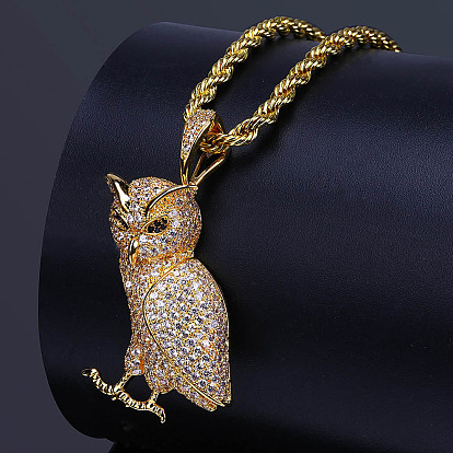 Alloy Full Crystal Rhinestone Owl Pendant Rope Chain Necklaces for Unisex