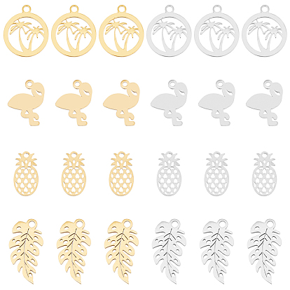 32Pcs 8 Style 304 Stainless Steel Pendants, Manual Polishing, Pineapple & Flamingo & Ring with Coconut Tree