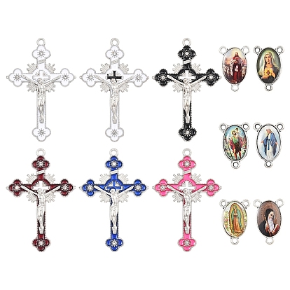 24 Stück 12 Stile große Anhänger aus Zinklegierung mit Emaille, Kruzifix-Kreuz-Anhänger, mit 12 Stück 6 Stilen Legierung Kronleuchter Komponenten Link