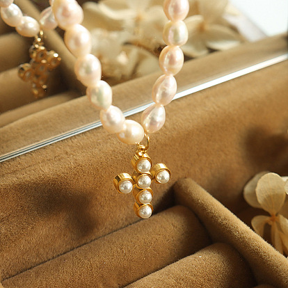 Vintage Pearl Cross Pendant Necklace for Women - Non-Fading European Style Jewelry