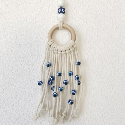 Handmade Turkish Evil Eye Glass Pendant Decorations, with Wood Ring and Cotton Cord Tassel Car Wall Hanging Ornaments