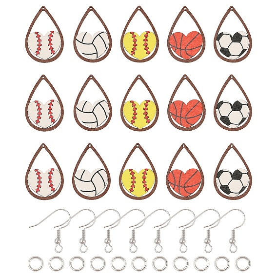 Наборы для изготовления висячих сережек со спортивным мячом своими руками, в том числе деревянные большие подвески, латунные кольца прыжок открыт, 304 нержавеющей стали серьги крюков