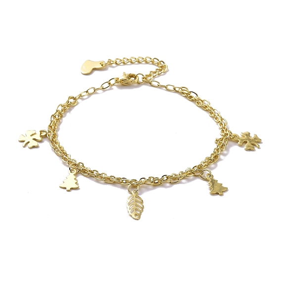 304 Stainless Steel Double Chains Multi-strand Bracelets, Leaf & Tree & Clover 201 Stainless Steel Charm Bracelet for Women