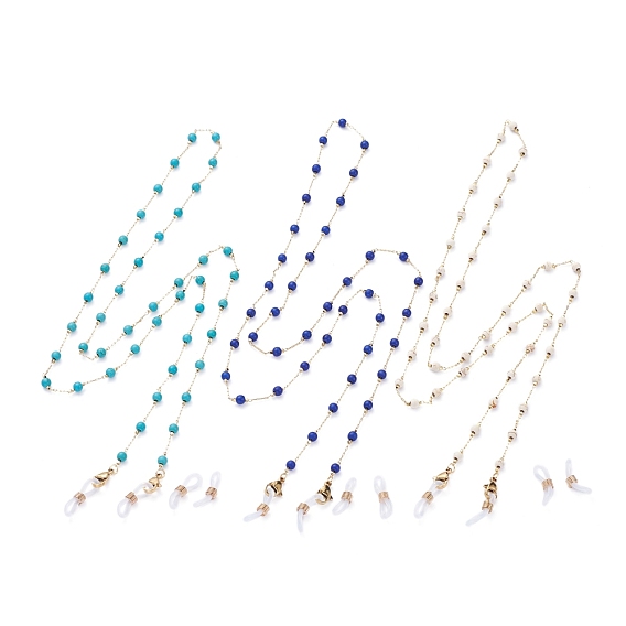 Eyeglasses Chains, Neck Strap for Eyeglasses, with Round Synthetic Turquoise Beads, Brass Cable Chains, 304 Stainless Steel Lobster Claw Clasps and Rubber Loop Ends, Golden