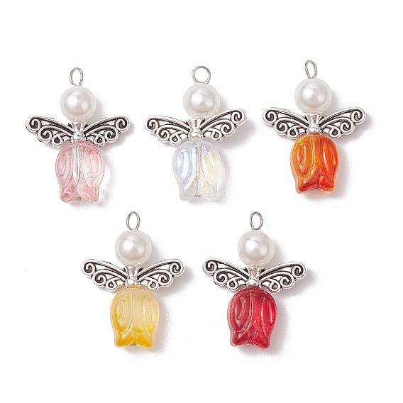 Прозрачные стеклянные бусины с бусинами из сплава и АБС-пластика, имитация круглых бусин с жемчугом и 304 плоские головки штифтов из нержавеющей стали подвески, ангел