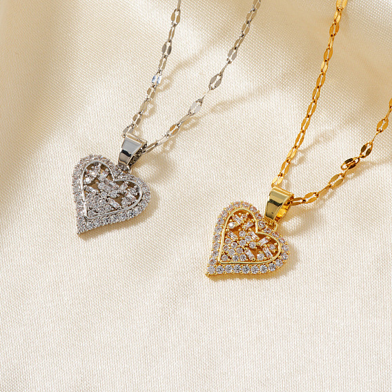 Женские ожерелья с подвеской в форме сердца из латуни с прозрачными кубическими цирконами и паве