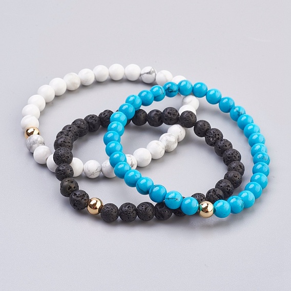 Edelstein-Stretch-Armbänder, mit runden Distanzringen aus Messing