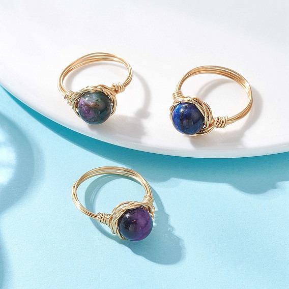 Натуральный тигровый глаз кольца палец, с медной проволокой, золотые