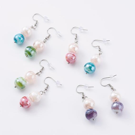 Round Lampwork Dangle Earrings, with 304 Stainless Steel Earring Hooks and Ear Nuts