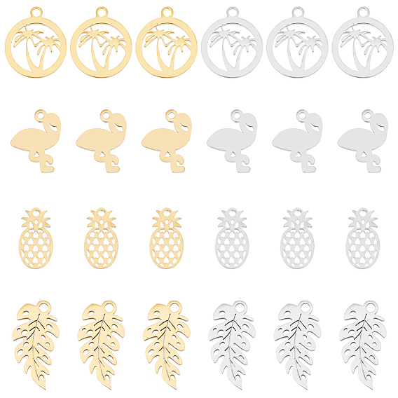 32 pcs 8 style 304 pendentifs en acier inoxydable, polissage manuel, ananas & flamant rose & anneau avec cocotier