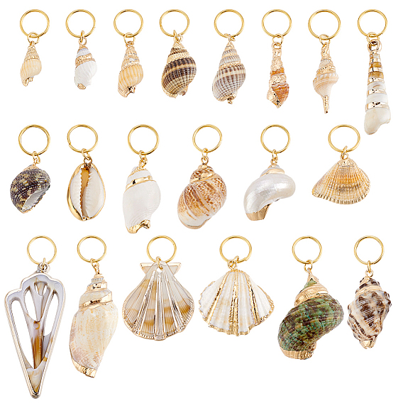 20 шт. 20 стили гальванизированные натуральные ракушки плетение волос подвески украшения клипсы, с 304 кольцами из нержавеющей стали