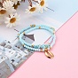 Stretch Bracelets Sets, with Glass Beads, Natural Larimar Chip Beads and 304 Stainless Steel Pendants, Cowrie Shell, Golden