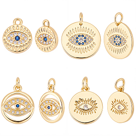 16 шт 4 стили латунные подвески из микропаве с фианитом, плоский круглый с оберегами от сглаза, без кадмия и без свинца, с целью перехода в кольце