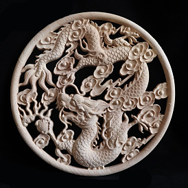 Wood Carved Appliques, Wooden Onlays, for Bed Door Cabinet Wardrobe Furniture Decoration, Round with Dragon Pattern