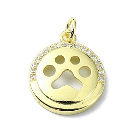 Brass Micro Pave Claer Cubic Zirconia Pendants, with Jump Ring, Flat Round with Paw Print Charms
