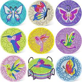 Kits de peinture de diamant de tapis de tasse de motif d'oiseau et de papillon de bricolage, y compris porte-sous-verre, strass de résine, stylo, plateau & colle argile