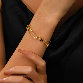 Stylish Double-layered Cross Diamond Bracelet for Women - Retro Geometric Design, Versatile Stainless Steel with 18K Gold Plating Jewelry