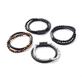 Bracelets multi-rangs de perles rondes en pierres naturelles mélangées, avec cuir de vachette tressé