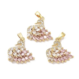Rack Plating Brass Micro Pave Pink Cubic Zirconia Pendants, Swan Charms, Long-Lasting Plated, Cadmium Free & Lead Free