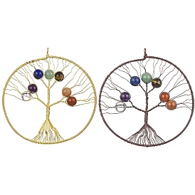 Rack Plating Copper Wired Natural Quartz Crystal & Amethyst & Lapis Lauli & Green Aventurine & Red Aventurine & Red Jasper & Tiger Eye Chakra Big Pendants, Flat Round with Tree of Life Charms