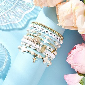 8шт. 8 стили наборы браслетов из натуральных и синтетических драгоценных камней, стекла, полимерной глины ручной работы и акрила, крест, овал и солнце, с 304 подвеской из нержавеющей стали и латуни