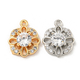 Brass Micro Pave Clear Cubic Zirconia Charms, Square with Flower