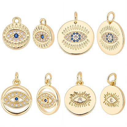 16 шт 4 стили латунные подвески из микропаве с фианитом, плоский круглый с оберегами от сглаза, без кадмия и без свинца, с целью перехода в кольце