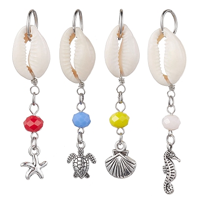 Natural Cowrie Shell Pendant Decorations, with Glass Beads and Tibetan Style Alloy Charms, Starfish/Shell/Sea Horse/Turtle