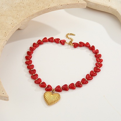 День святого Валентина 304 Подвеска в виде сердца из нержавеющей стали, ожерелье из бисера и смолы для женщин, золотые