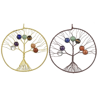 Подвески из натурального кварцевого кристалла, покрытого медью, аметиста, лазурита, зеленого авантюрина, красного авантюрина, красной яшмы и чакры тигрового глаза, плоская круглая с подвесками дерево жизни