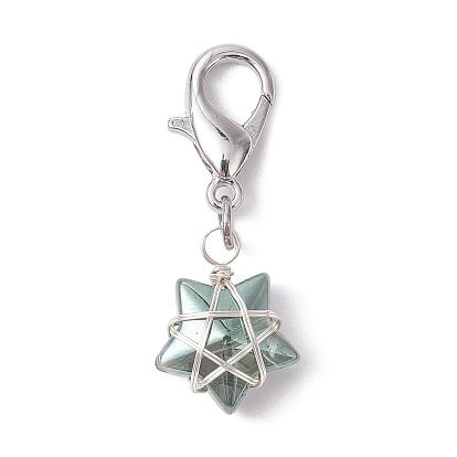 Copper Wire Wrapped Electroplated Glass Star Pendant Decoration, with Alloy Lobster Claw Clasps