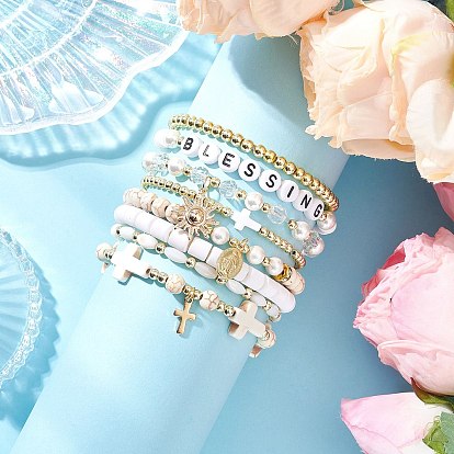 8шт. 8 стили наборы браслетов из натуральных и синтетических драгоценных камней, стекла, полимерной глины ручной работы и акрила, крест, овал и солнце, с 304 подвеской из нержавеющей стали и латуни