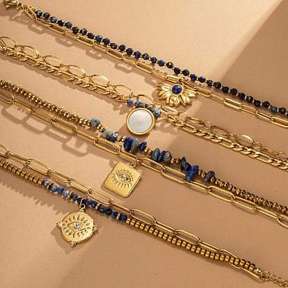 Богемный стиль 304 браслет из двух слоев с цепочкой из нержавеющей стали и бусинами из натуральных и синтетических камней, браслеты с подвесками для женщин