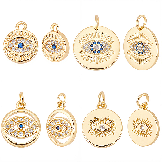 16 шт 4 стили латунные подвески из микропаве с фианитом, плоский круглый с оберегами от сглаза, без кадмия и без свинца, с целью перехода в кольце