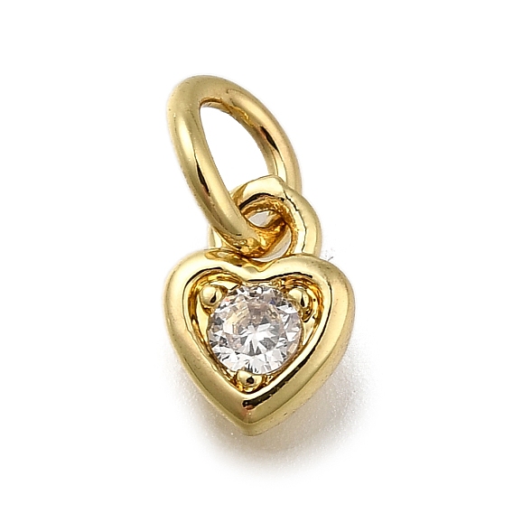 Brass Micro Pave Clear Cubic Zirconia Pendants, Heart Charms, Long-Lasting Plated, Rack Plating, Lead Free & Cadmium Free, with Jump Ring