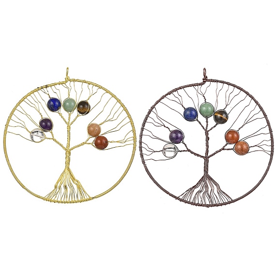 Подвески из натурального кварцевого кристалла, покрытого медью, аметиста, лазурита, зеленого авантюрина, красного авантюрина, красной яшмы и чакры тигрового глаза, плоская круглая с подвесками дерево жизни