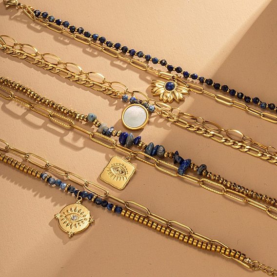 Богемный стиль 304 браслет из двух слоев с цепочкой из нержавеющей стали и бусинами из натуральных и синтетических камней, браслеты с подвесками для женщин