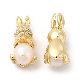 Brass Micro Pave Cubic Zirconia Pendants, with Pearl, Rabbit Charm