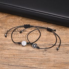 Stainless Steel Flat Round with Cross Link Bracelets, Waxed Cord Adjustable Bracelets