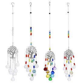 Alloy Tree of Life Pendant Decorations, Hanging Suncatcher, Glass Round Charms for Home Office Garden Decoration