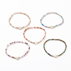 Faceted Rondelle Glass Beads Stretch Bracelets, with Natural Shell Heart Beads and Brass Round Beads
