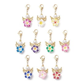 Подвеска в виде ангела из полимерной глины и стеклянных бусинок и стеклянных жемчужин, Сплав с застежками когтя омара