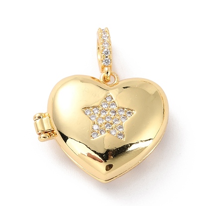 Brass Micro Pave Cubic Zirconia Diffuser Locket Pendants, Long-Lasting Plated, Heart with star